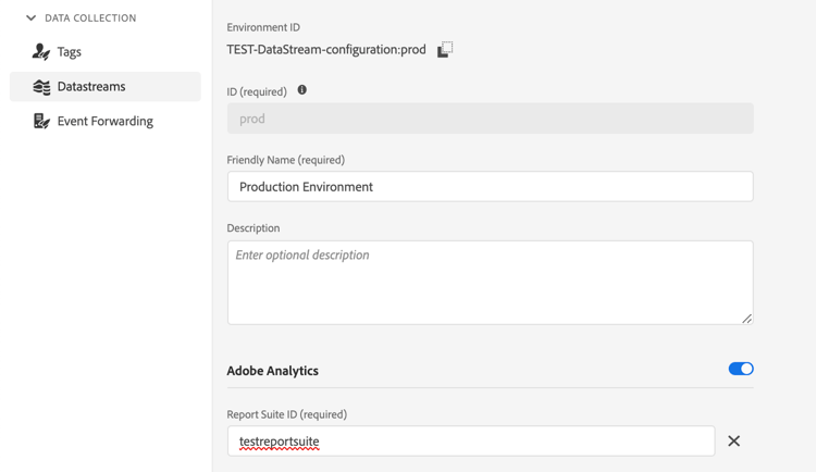 顯示Analytics設定的Datastreams UI。