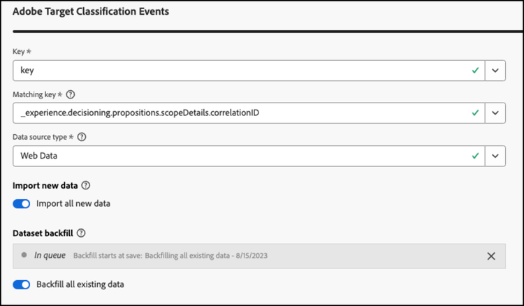 Customer Journey Analytics 中的「Adobe Target 分類事件」對話框