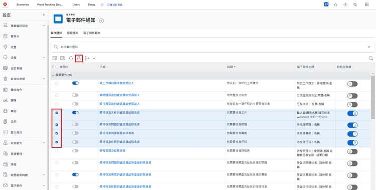 群組存取欄，位於電子郵件通知頁面