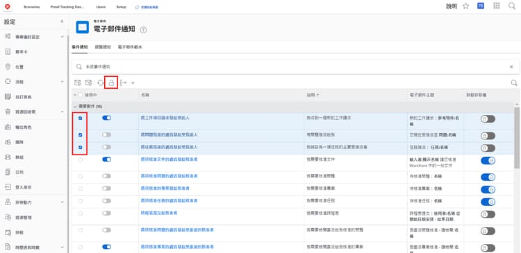 群組存取欄，位於電子郵件通知頁面