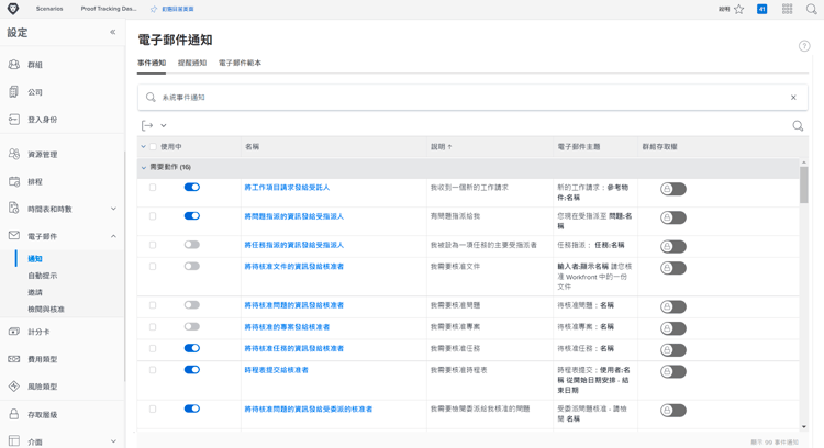 電子郵件通知視窗，位於設定區域