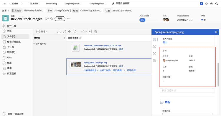 影像顯示專案的「文件」區段，其中已選取校訂而且摘要面板已展開。摘要面板圖示和摘要面板均突顯標示。